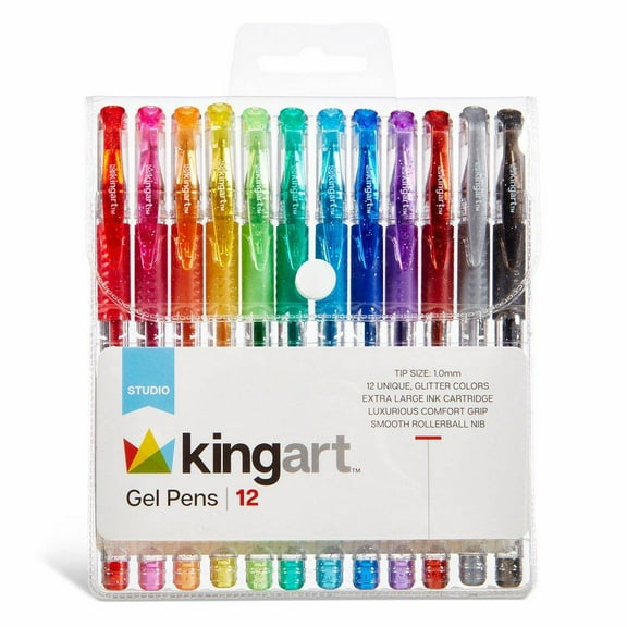 KINGART Glitter Gel Pens Set – 12 Vibrant Colors, Soft Grip 2.5mm Pens for Adult Coloring, Art and Fine lines