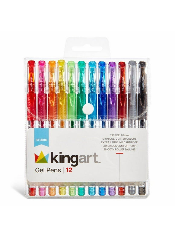 Kingart Soft Grip Glitter Gel Pens, XL 2.5mm Ink Cartridge, Set of 12 Unique Colors