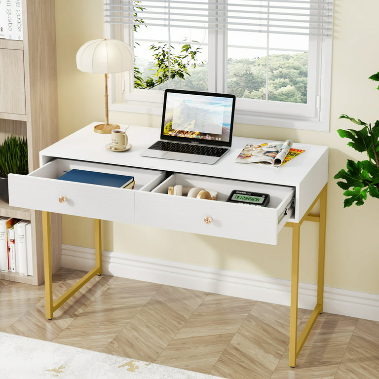 Computer Desk, Modern Simple 47 inch Home Office Desk with 2 Storage Drawers, Makeup Vanity White