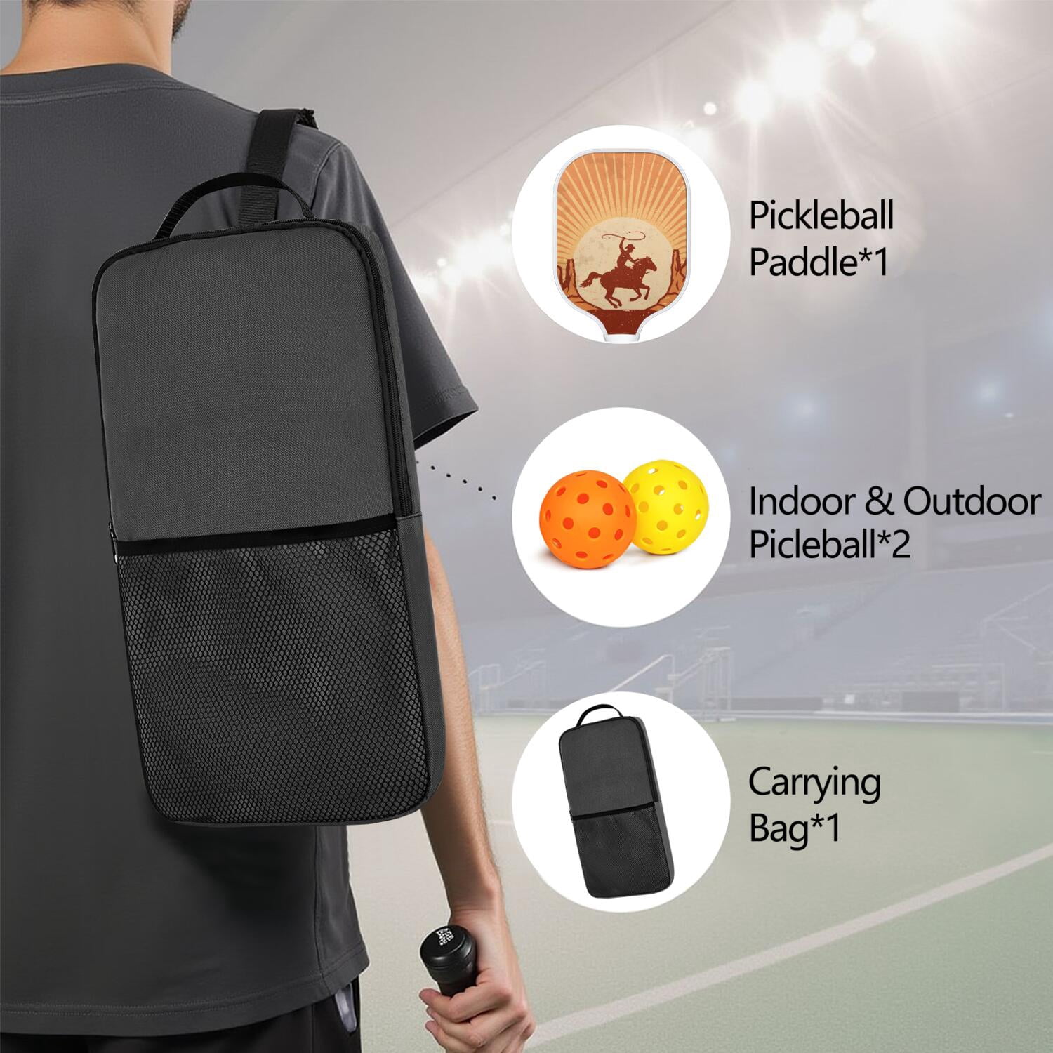 Pickleball Paddles Set Of 1, Fiberglass Surface, West & Cowboy Print, 1 Paddle, 2 Balls & Bag