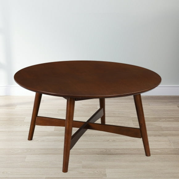 Solid Wood Round Coffee Table, X-Base Frame Cocktail Table for Living Room, Perfect for Apartments or Offices, Natural Walnut Finish for a Timeless Look