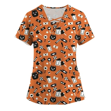 

Sksloeg Sksloeg Women s Scrub Tops Pumpkin Cat Bat Print Working Uniform Tops Cross V-Neck Short Sleeve Fun T-Shirts Workwear with Double Pockets Yellow 4XL