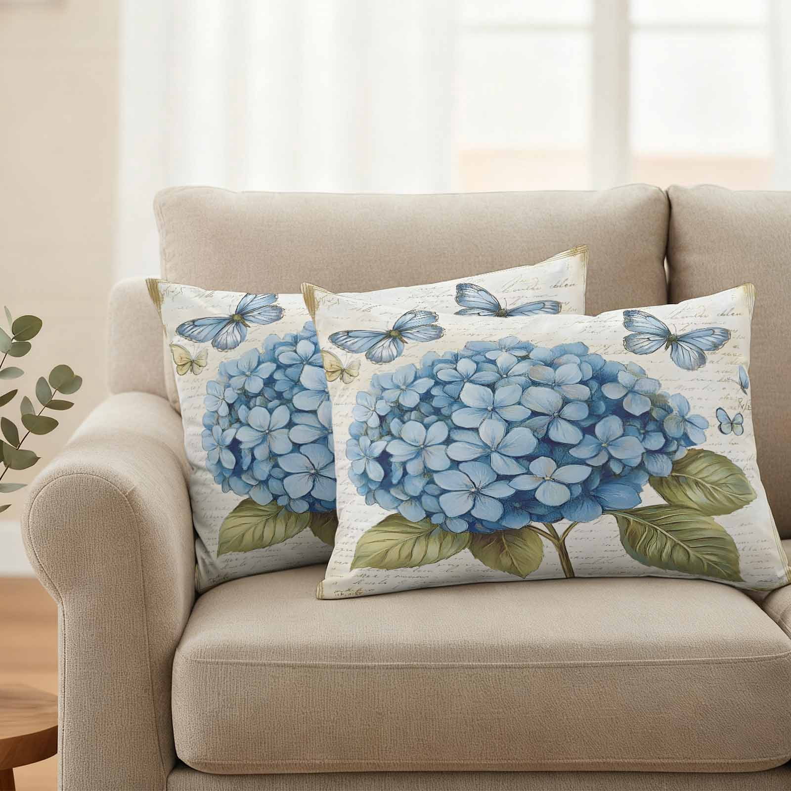 Blue Hydrangea Outdoor Waterproof Pillow Covers, Spring Vintage Botanical Butterfly Decorative Rectangle Throw Pillowcase Sofa Cushion Sham for Patio/Couch/Chair, 20"x12" 2 Pack