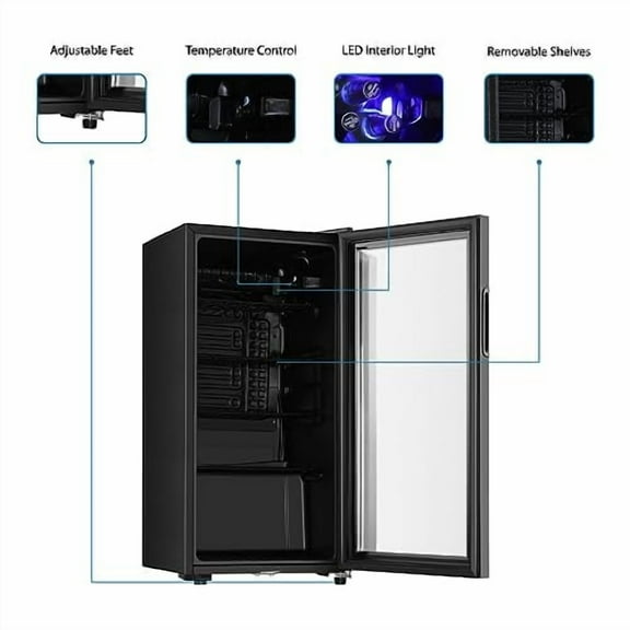 Beverage Refrigerator, 3.2 Cu.ft Mini Fridge with Double Glass Door, Cooler for Soda, Beer or Wine for Home, Office or Bar with Adjustable Removable Shelves (Black)