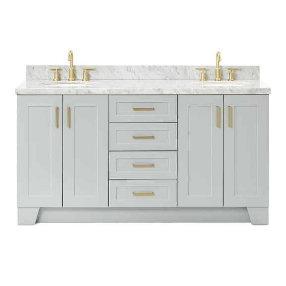 Ariel Taylor 67 Inch Double Oval Sink Vanity With Carrara White Marble Countertop W/1.5" Edge In Grey