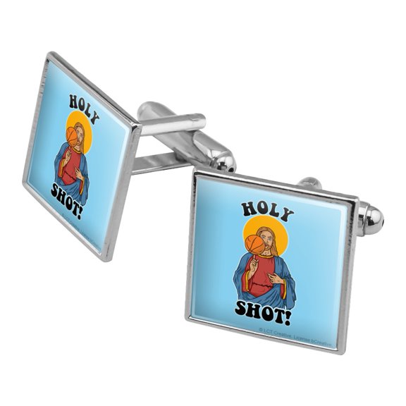 Holy Shot Basketball Jesus Funny Humor Square Cufflink Set - Silver or Gold