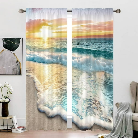 Ocean Curtains for Living Room Beach Scenic Decor Rod Pocket Coastal Seaside Sunrise Hawaiian Sea Wave Seashore Nautical Printed Bedroom Window Drapes Treatment Fabric 2 Panels 52Wx84L Inch