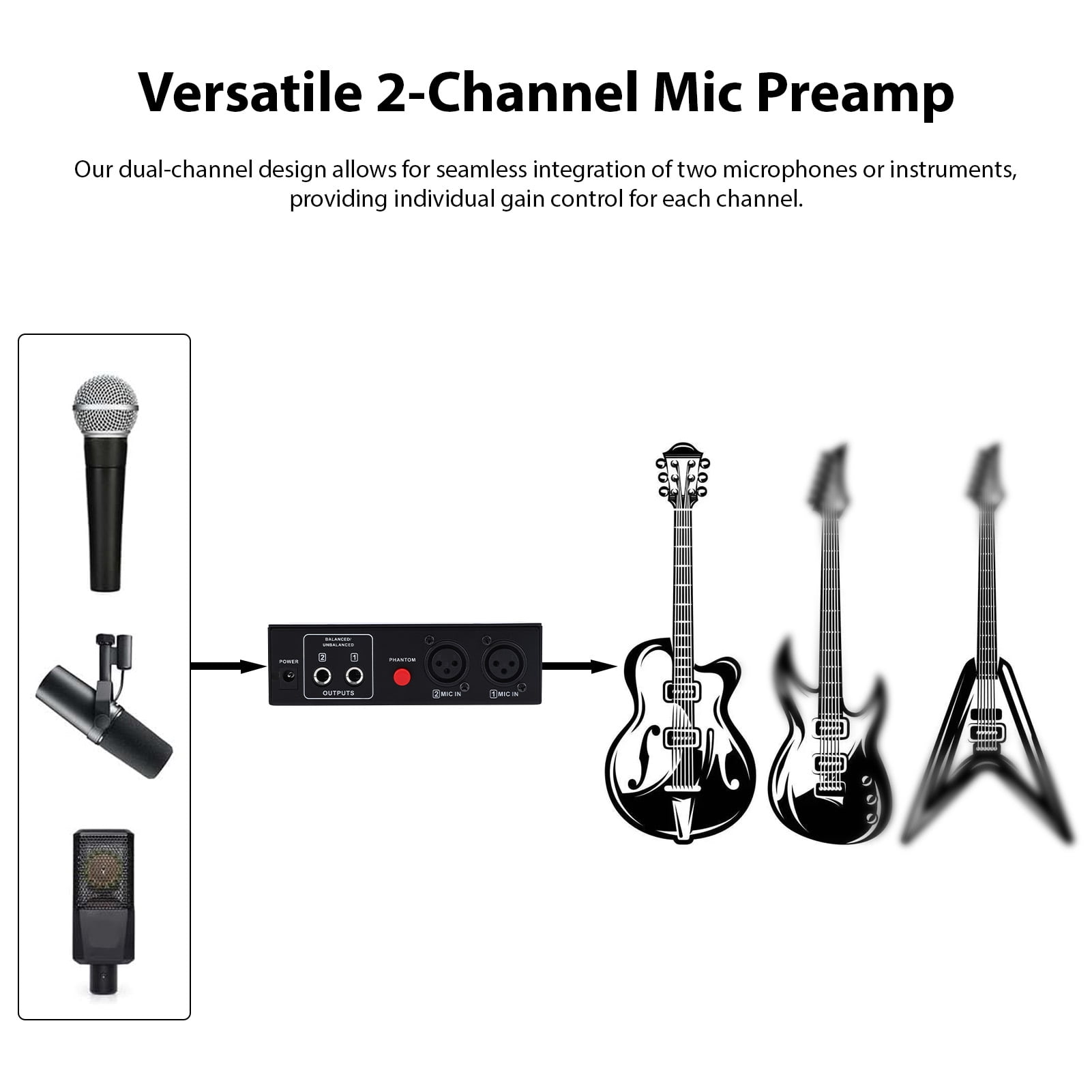 Yajisi 2 Channel Microphone Preamp Mic Preamplifier XLR Inputs Phantom Power Metal Shell for Recording Live Performances Black EU Plug (5.5 inches / 14 cm)