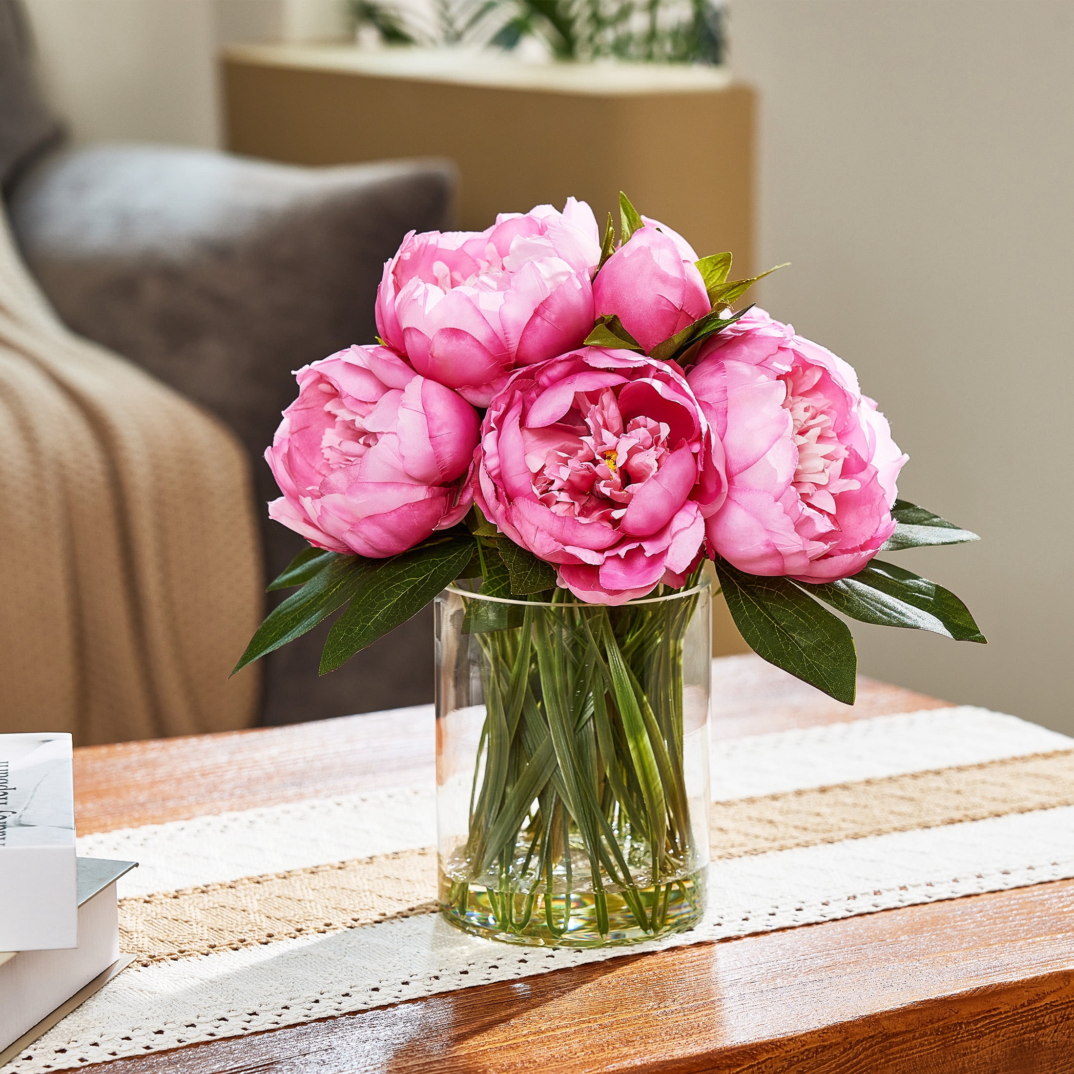 DR.Planzen Peach-Red Artificial Peony Plant in Vase, 9 Bloom & 82 Leaves Silk Flower Arrangement with Faux Water, 12” Home Office Table Decor