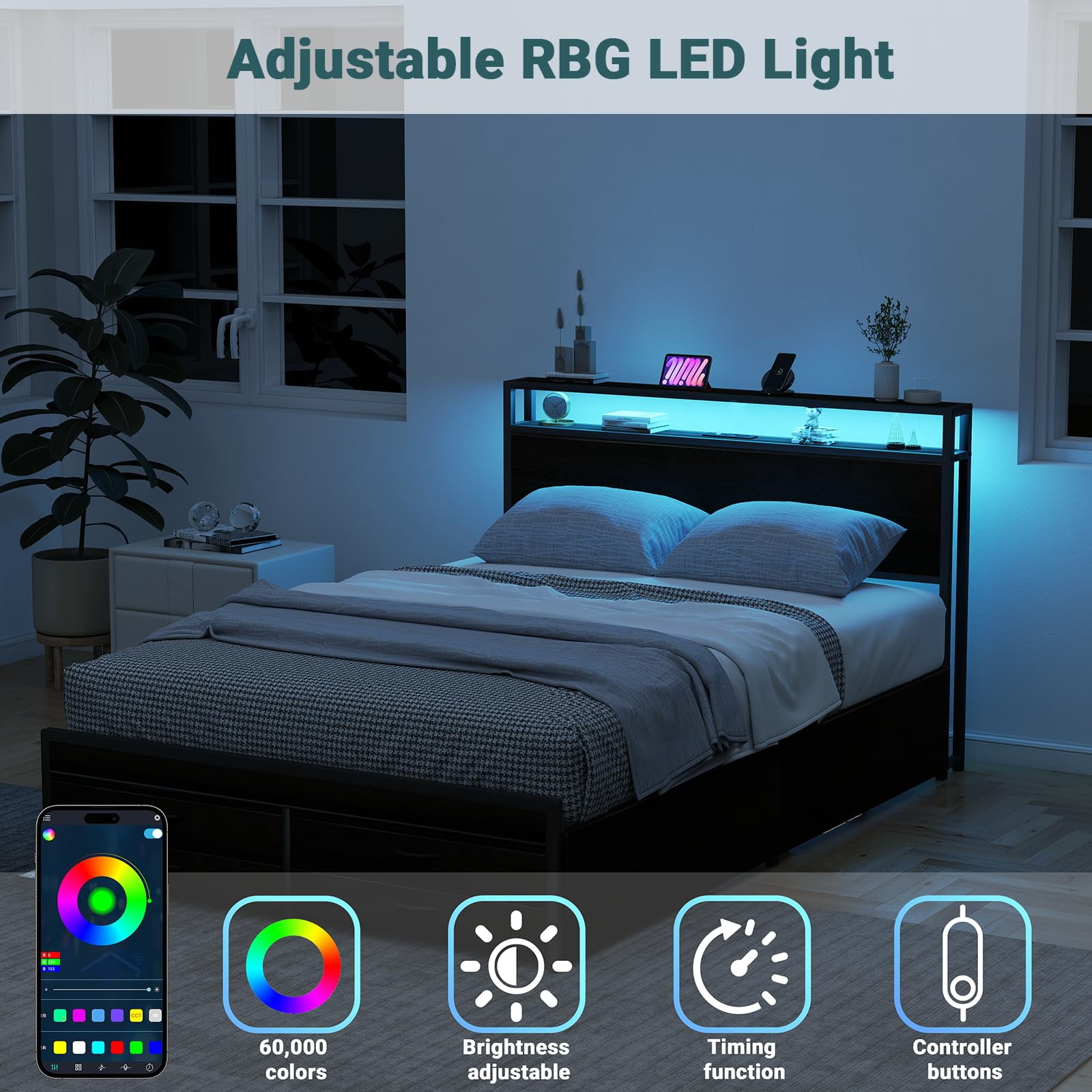 ZIVACATE Queen Bed Frames with Headboard, Queen Size Storage Bed Frame with 8 Drawers, Built-in Charging Ports & Outlets, Adjustable Atmospheric LED Lights, Queen-Size Metal Foundation Beds, Black