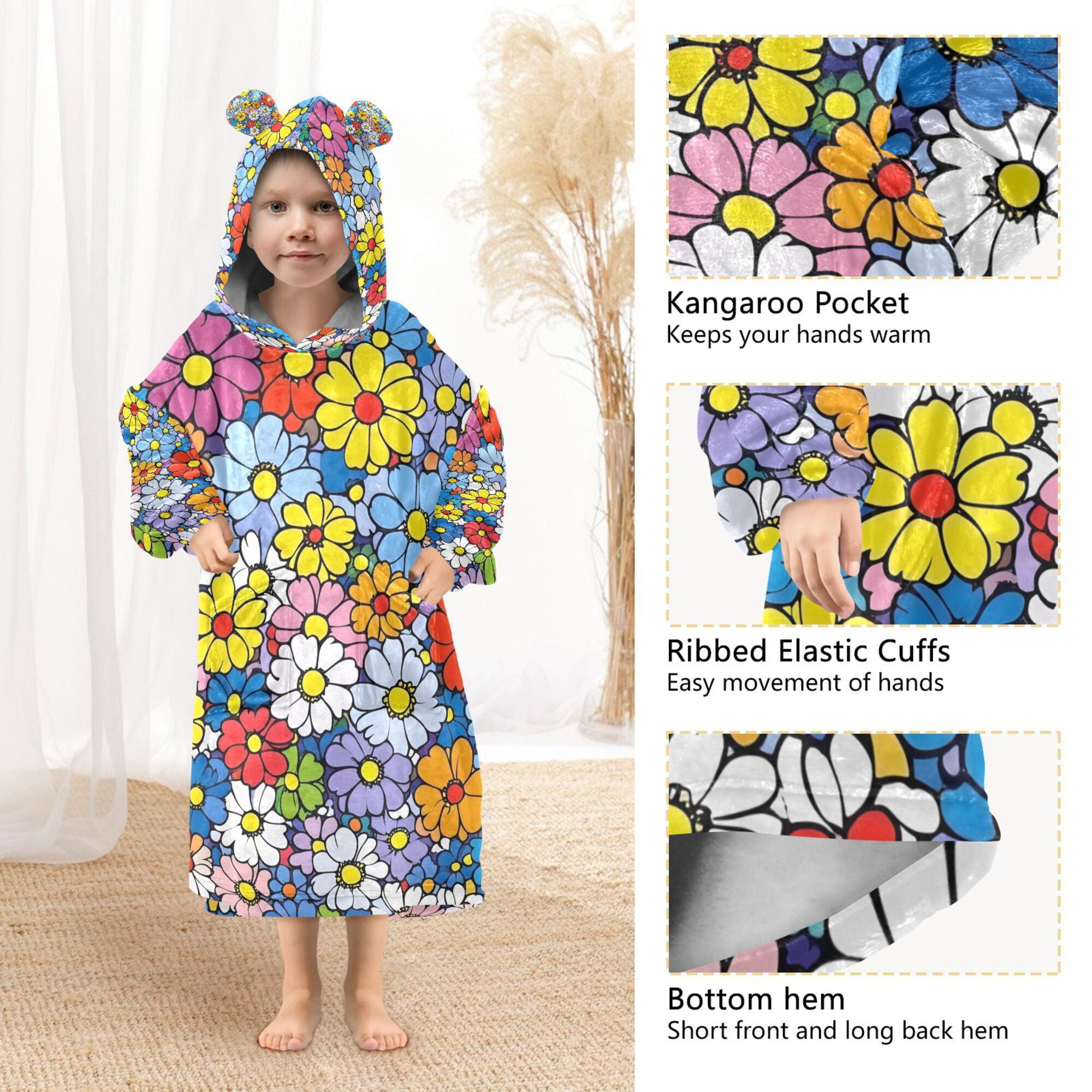 FORMRS Wearable Blanket Hoodie with Sleeves for Kids Cozy Flannel Sweatshirt, Floral Fiesta