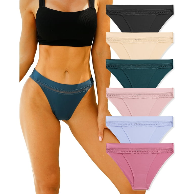 FINETOO Underwear for Women Lace Sexy Hipster V Cut No Show Bikini Panties  Seamless Cheeky 5 Pack S-XL