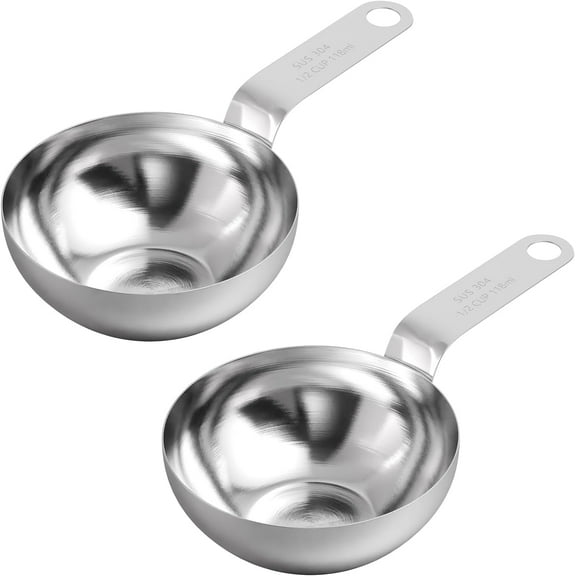 2PCS 1/2Cup (118ml, 4oz) Single Measuring Cup with Black Silicone Grip, 18/8 Stainless Steel Individual Measure Scoop Only