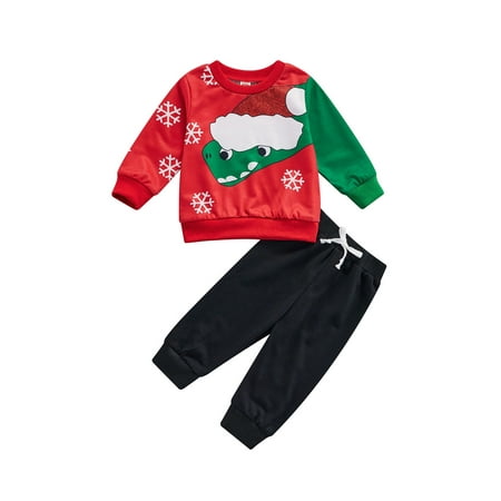 

ZIYIXIN Toddler Baby Boy Girl Christmas Outfit Long Sleeve Cartoon Dinosaur/Tree Print T-Shirt Pants 2Pcs Fall Winter Clothes Red Dinosaur 18-24 Months