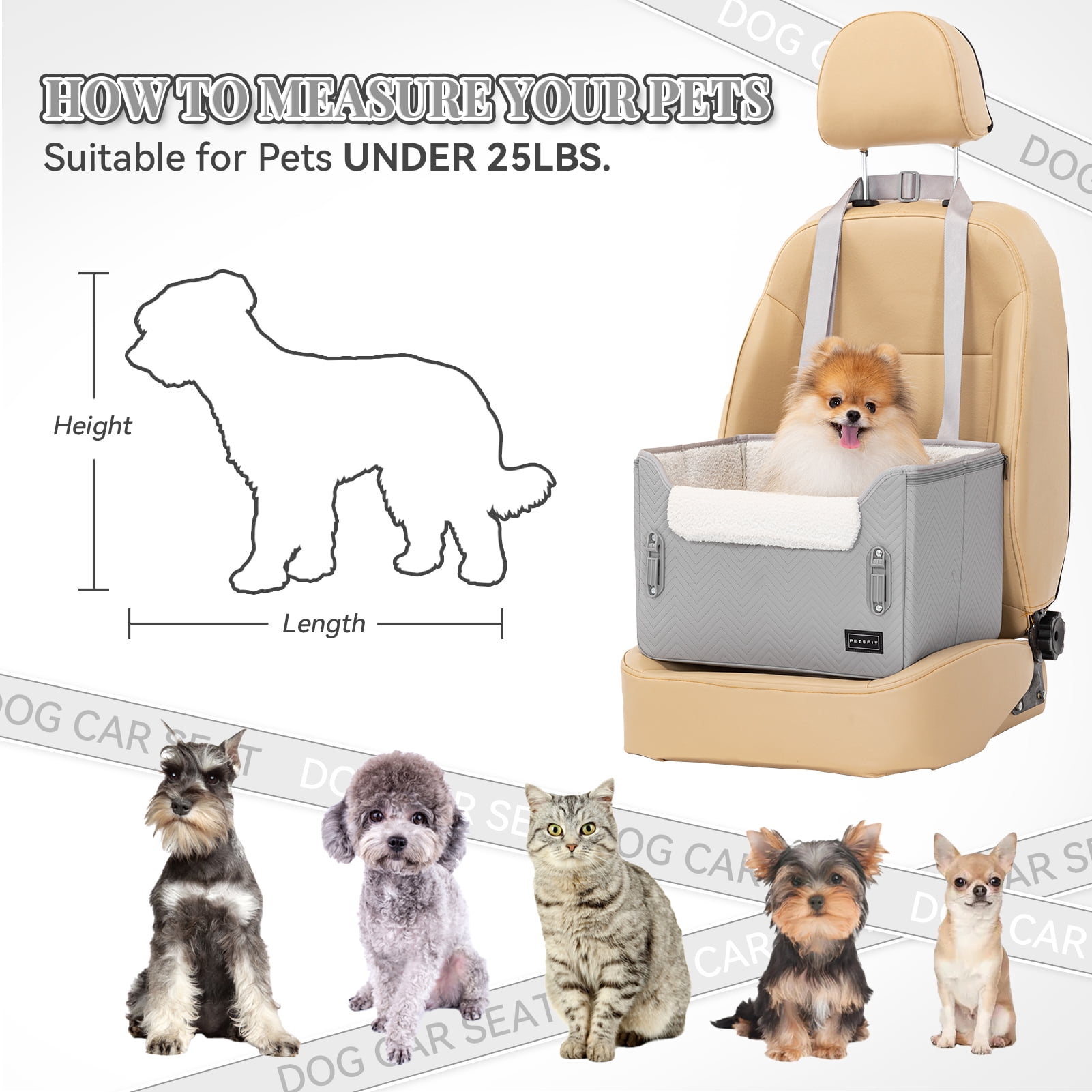 PETSFIT 16in Pet Booster Car Seat, Portable Dog Car Seats for Small Dogs with Clip-On Leash, Patent Safe Buckles,Up to 25lbs ,Light Grey