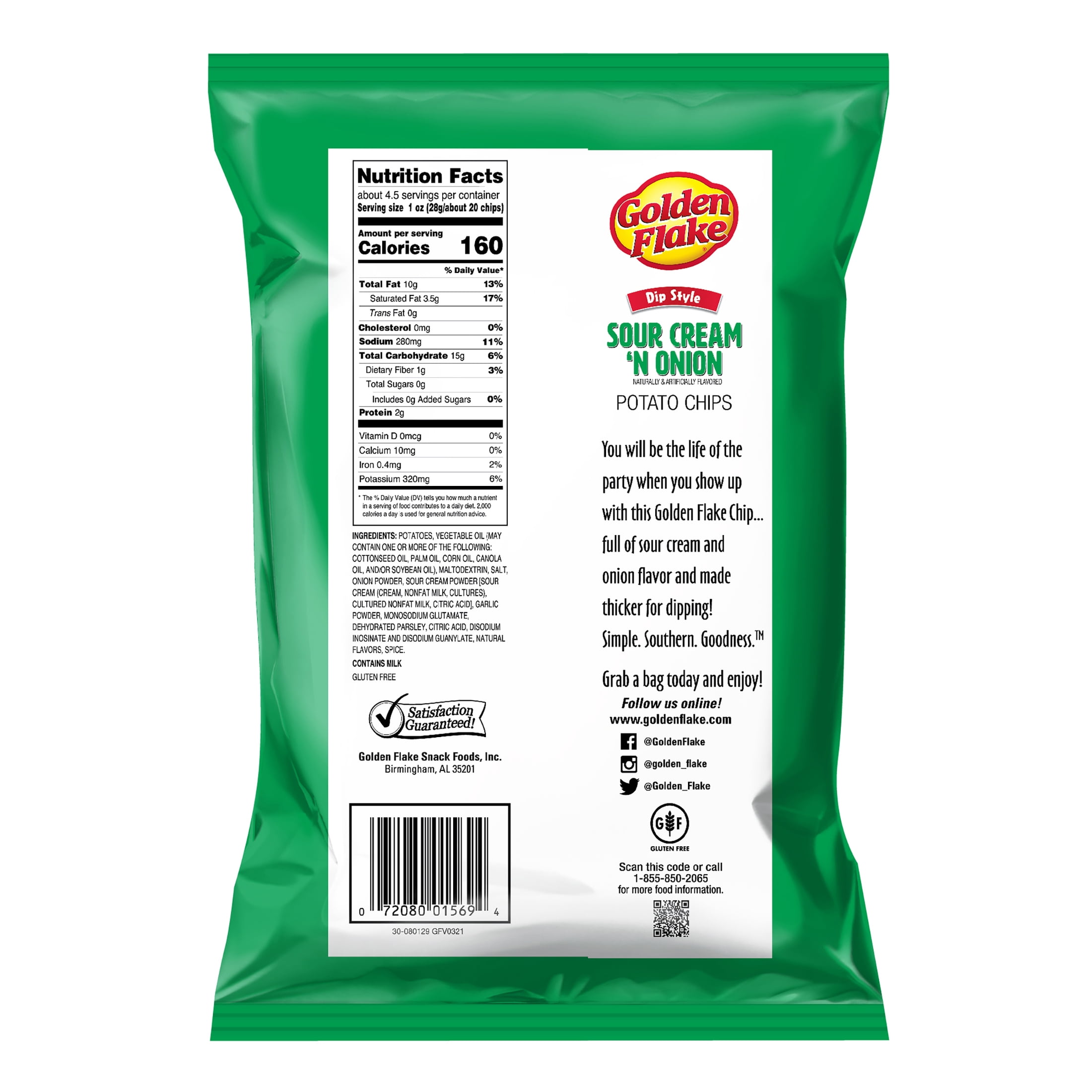 Golden Flake Sour Cream 'N Onion Dip Style Potato Chips, Gluten-Free, 4.625 oz Bag
