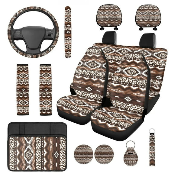 KUIFORTI Brown Aztec Car Seat Covers Full Set Set 14 Pcs with Car Headrest Covers Cars Steering Wheel Cover Auto Seat Belt Cover Wristlet Keychain for Cars Sedans and SUVs