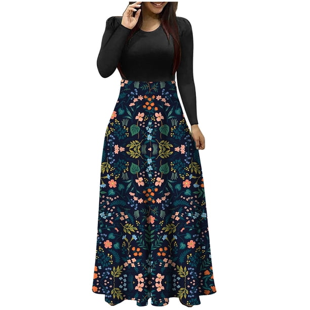 Vestido largo de manga larga con cuello redondo y estampado floral para mujer Pompotops hdfakjf4019