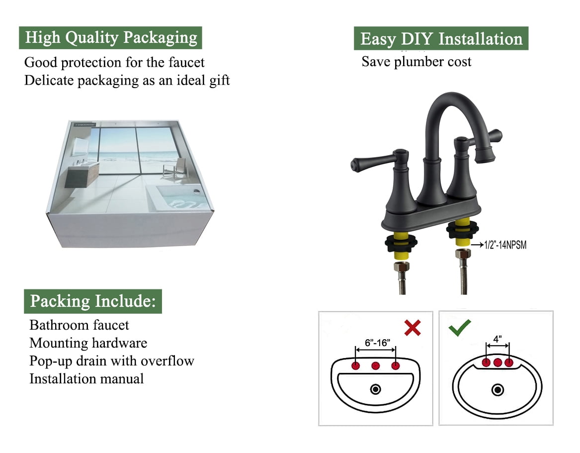 Matte Black 4 Inch Centerset Bathroom Faucet Vanity Lavatory Faucet for 3 Holes with Pop up Drain and 360° Swivel Brass Spout, TAF067Y-MB