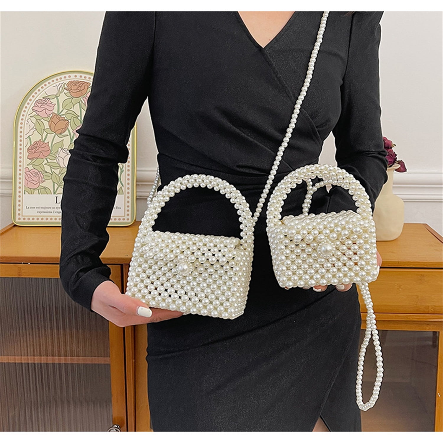 Frgharo Beaded Handbag for Women White Pearl Decoration Evening Bags with Detachable Chain Inner Bag &M Size