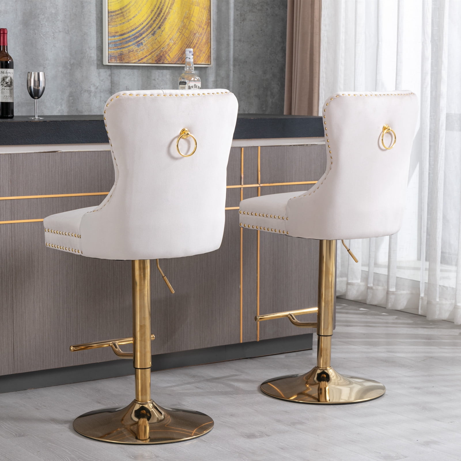 4-Piece Velvet Swivel Bar Stools, Adjustable Counter Height Dining Bar Chairs with Tufted Backrest and Nailhead Trim for Kitchen Island （Beige with Gold Leg）