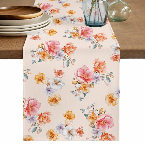 Spring Flowers Table Runner 72 Inches, Yellow Pink Floral Pastoral Botanical Bed Runner Dresser Scarves Tabletop for Indoor Outdoor Parties/Ceremony/Banquet, 18" x 72"