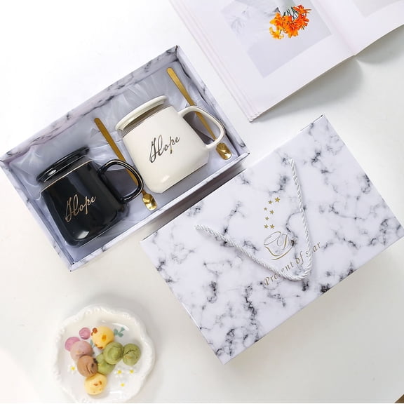 Ceramic Mug Set for Couples, Valentines Day Mug w/ Gift Box, Lid & Spoon 13.5oz