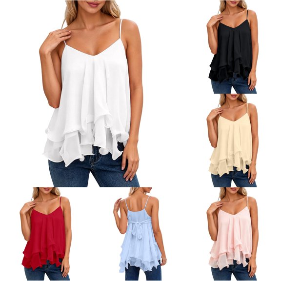HAYIMI Women V-Neck Ruffle Casual Summer Dress Sleeveless Tank Tops Flowy Beach Tiered Midi Solid Color Cozy Camisole