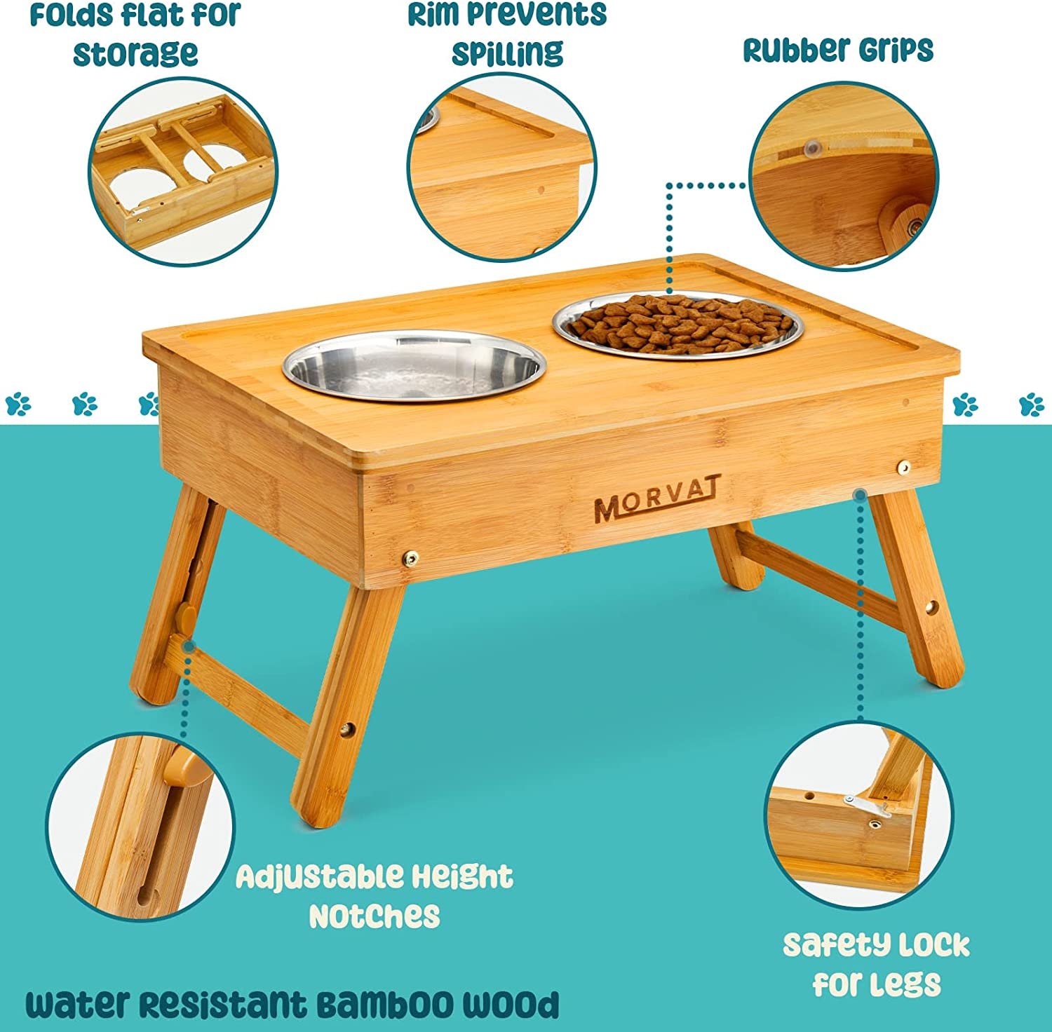 Morvat Bamboo Adjustable Height Double Dog & Cat Pet Feeder & 4 Metal Dish Bowls