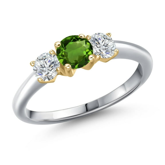 Gem Stone King 10K Two Tone Gold Green Chrome Diopside and Lab Grown Diamond Engagement Ring for Women | 1.04 Cttw | Round 5MM | Gemstone Birthstone | Size 5