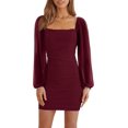 thumbnail image 1 of HAHDAXIA Women's Mesh Long Sleeve Square Neck Ruched Party Club Cocktail Bodycon Mini Dress, 1 of 6