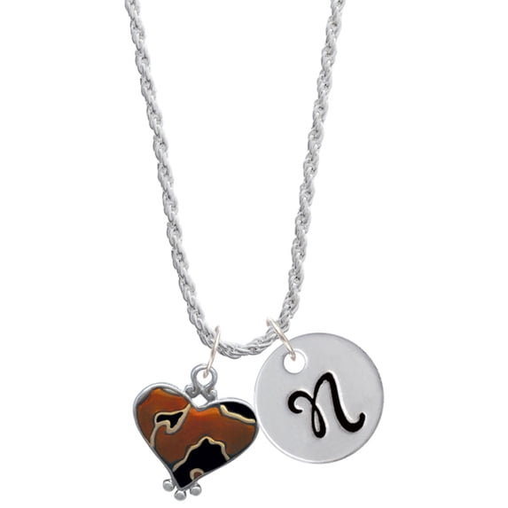 Delight Jewelry Two-tone Enamel Cheetah Print Heart Silvertone Script Initial Disc - N - Charm Necklace, 20"+3"