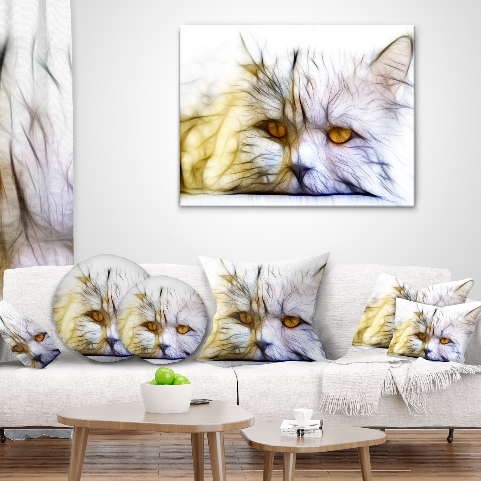 Designart Cute White Cat Fractal Illustration - Animal Throw Pillow - 12x20