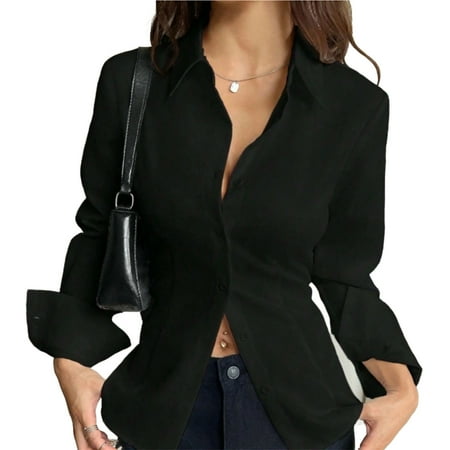 Long Sleeve Shirts for Women Women s Long Bell Sleeve Button Down Shirt Lace Up Back Princess Line Lapel Top