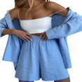 thumbnail image 2 of Women Summer Sportswear Set Solid Color Loose Long Sleeve Button-up Shirts Tops and Casual High Waist Shorts Outfits, 2 of 3