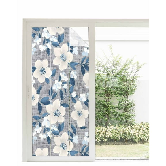 Window Privacy Film White Floral Stained Glass Window Film Decorative Sun Block Window Cover Vintage Pastoral Botanical Flowers Window Clings Static Adhesive Sticker for Bathroom 35.4"x78.7"