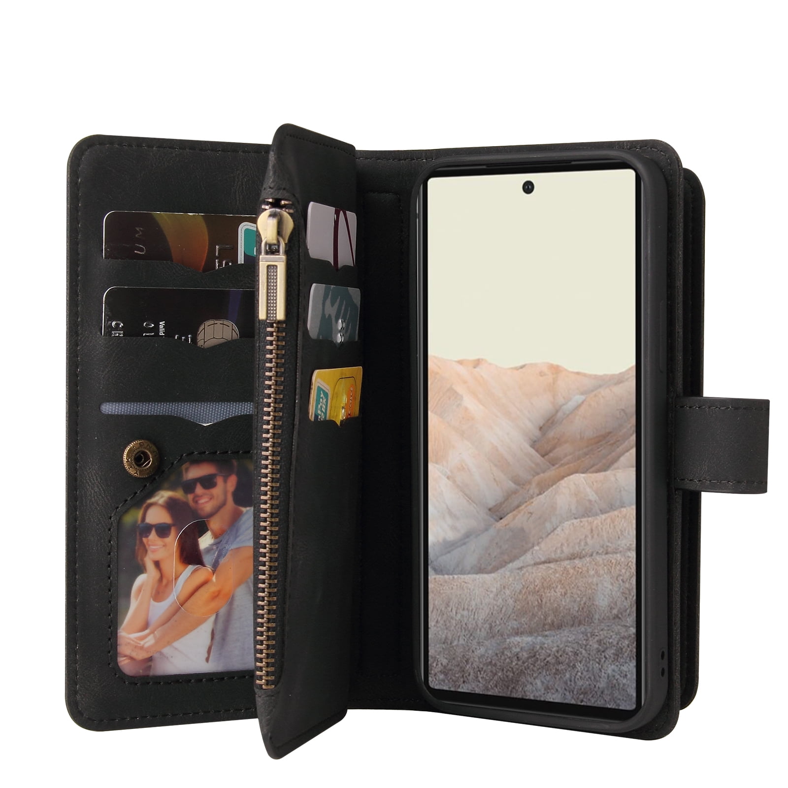 Phone Case for Google Pixel 6, Google Pixel 6 Wallet Case, Luxury Folio Flip Leather Cover [Zipper Pocket] [Wrist Strap] [Kickstand] for Google Pixel 6 6.4 inch,Black