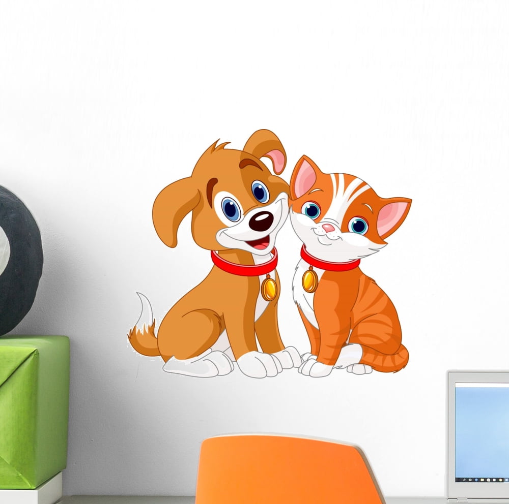 Cat and Dog Wall Decal by Wallmonkeys Peel and Stick Graphic (12 in W x