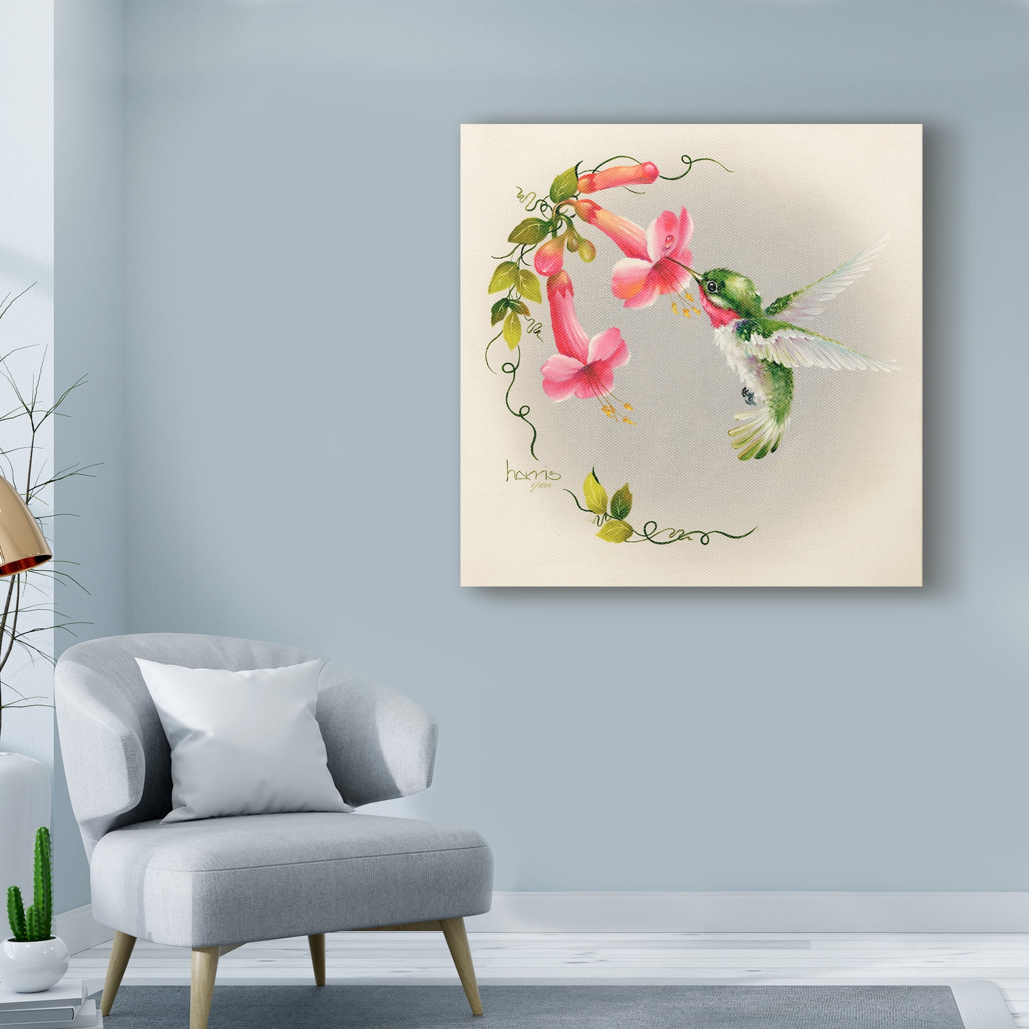 Trademark Fine Art 'Hummingbirds With Trumpet Flowers' Canvas Art by Peggy Harris