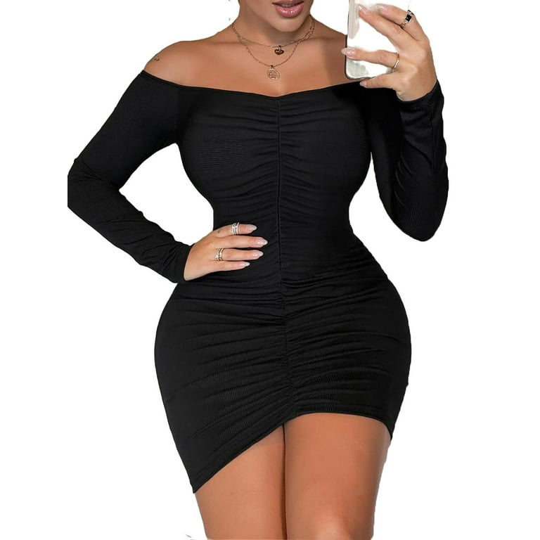 Elegant Plain Off the Shoulder Bodycon Long Sleeve Black Women