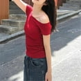 thumbnail image 5 of JSheng Summer Casual Tops for Women Fashion Women's Slim Solid Color Short-Sleeved Off-Shoulder Tops Red XL, 5 of 5