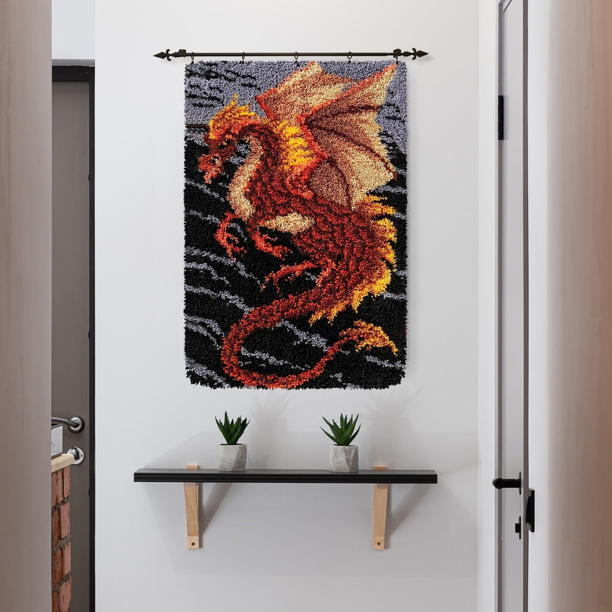 ShowNiceArt Rectangle Dinosaur and Dragon Latch Hook Kit, DIY Sofa Cushion Tapestry Craft Mat, 50×38cm/20×15in
