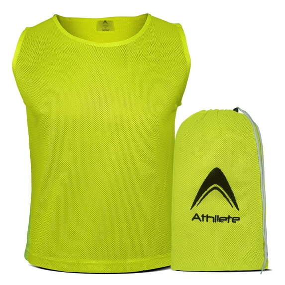 Athllete DURAMESH Set of 12 - Child Scrimmage Vests/Pinnies/Team Practice Jerseys with Free Carry Bag (Neon Yellow, Small)