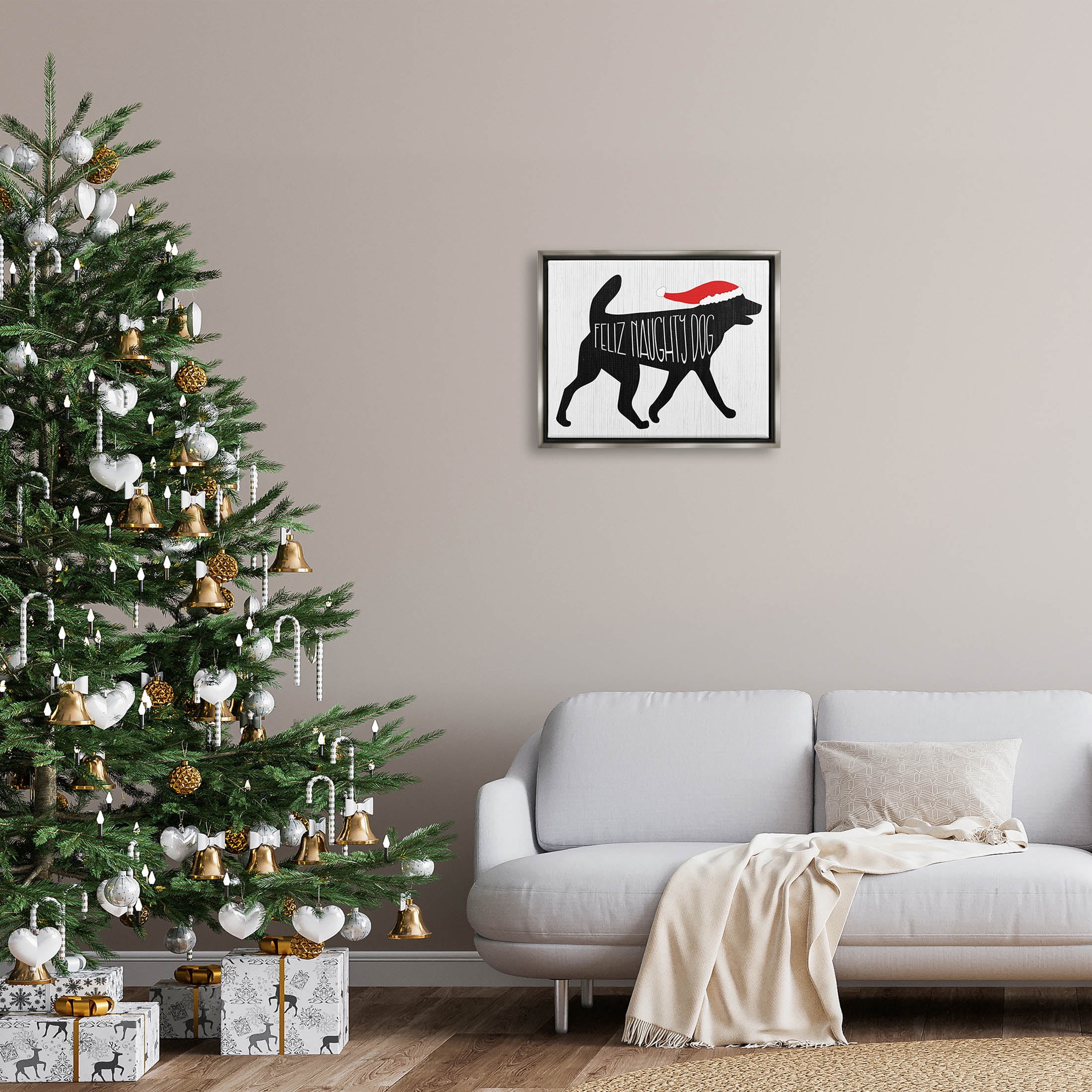 Feliz Naughty Dog Funny Pet Holiday Graphic Art Luster Gray Framed Art Print Wall Art