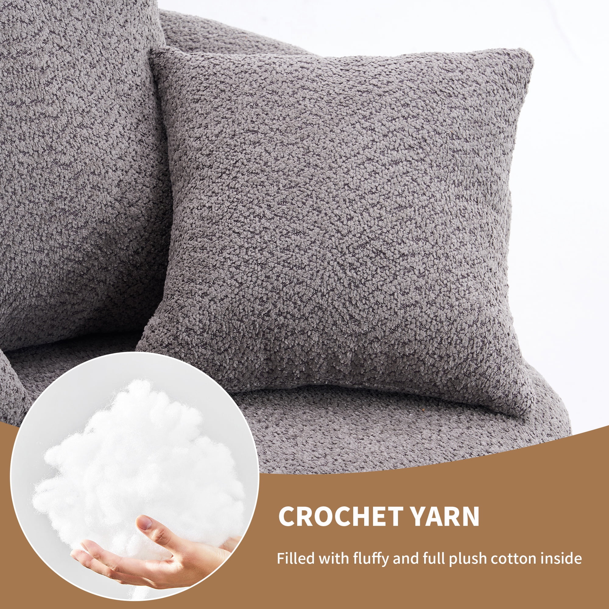 PORKISS Oversized Swivel Accent Chair Barrel Chair, Crochet Yarn Upholstered Armchair with 3 Pillows, Round Armchair Leisure Sofa Chair for Living Room Office Lounge Hotel, Gray