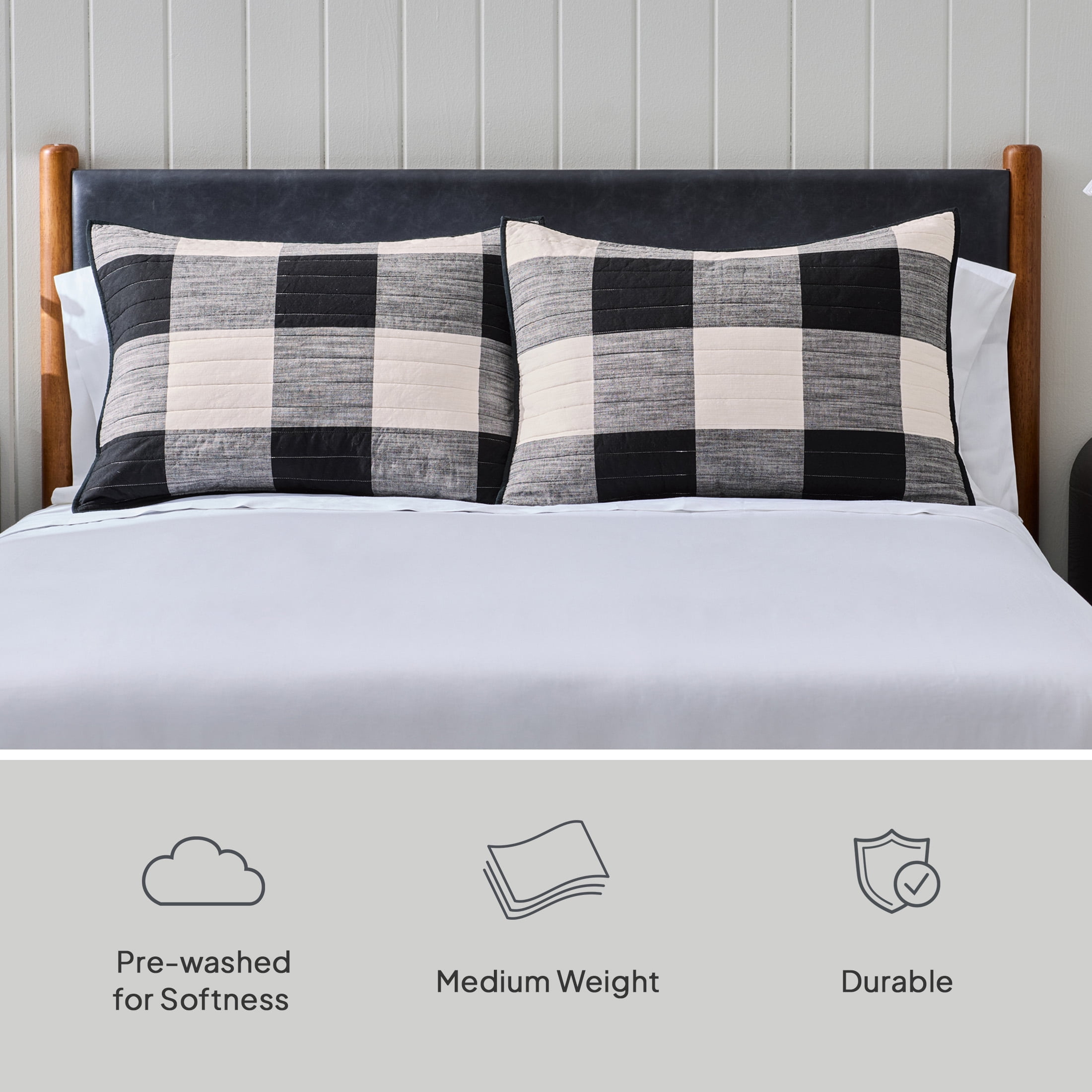 Better Homes & Gardens Buffalo Plaid Cotton Pillow Shams, Standard, Black & White, 2 Pack
