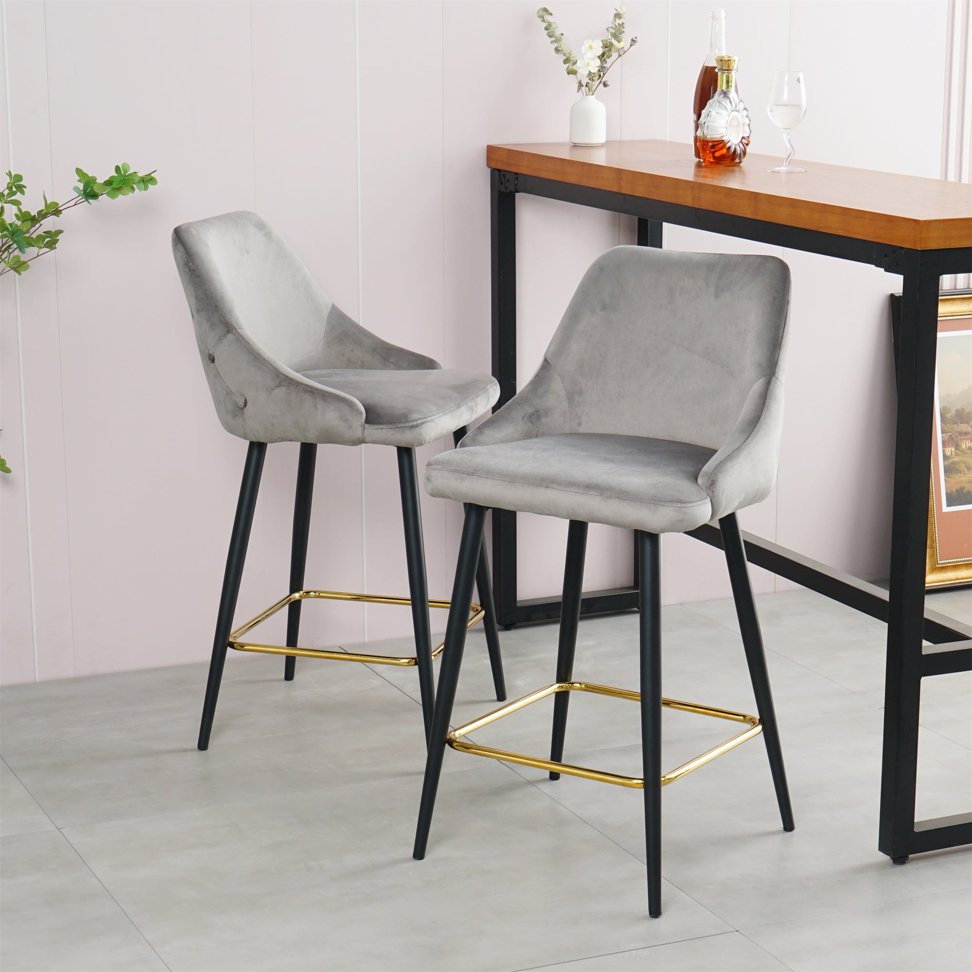 Spaco Modern Bar Stools Set of 2 Counter Height Bar Stools Velvet Upholstered, Grey Spaco Modern Bar Stools Set of 2 Counter Height Bar Stools Velvet Upholstered, Grey