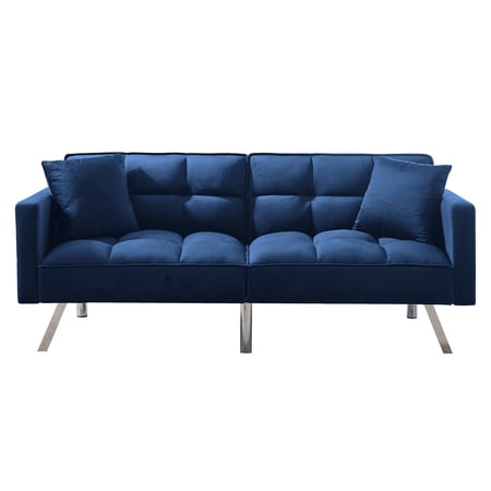 CJC 74  Velvet Futon Sofa Bed Convertible Sleeper Sofa Couch Modern Loveseat with 3 Adjustable Positions and 2 Pillows  Black