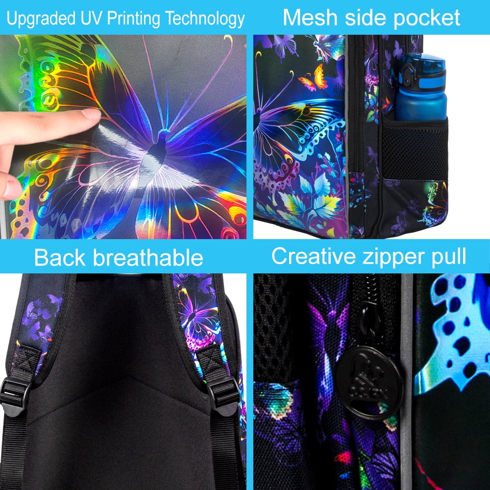 AGSDON 16" Butterfly Backpack for Girls, 3Pcs School Bookbag with Lunch Box, Kids Backpacks Set for Elementary Preschool Kindergarten(Black)