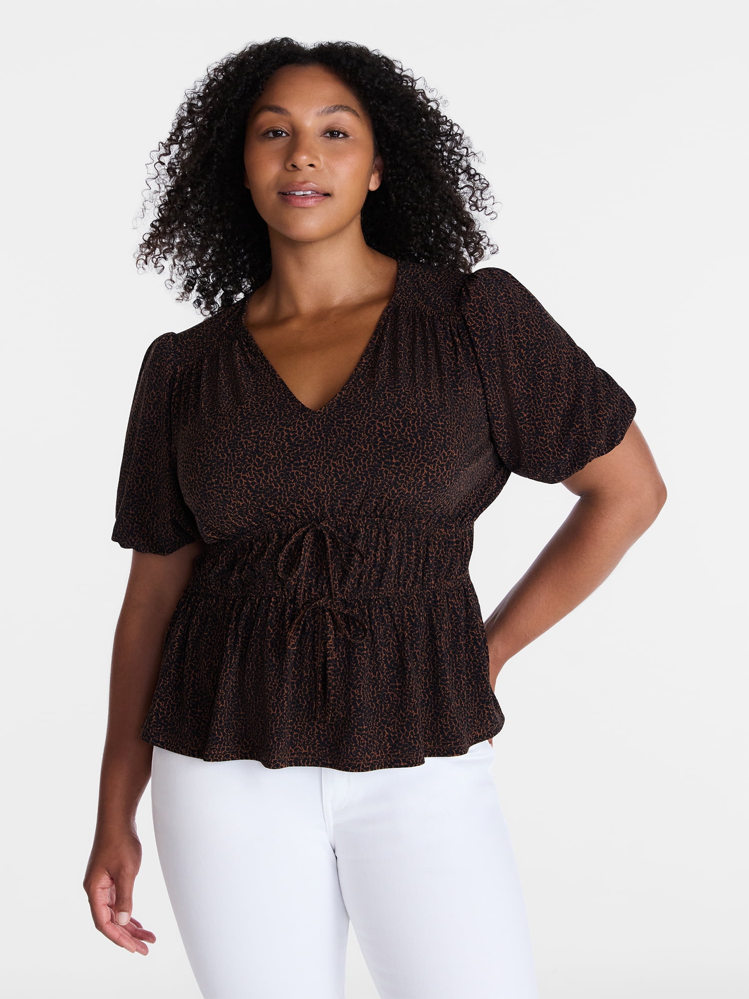 Time and Tru Women's and Women's Plus V Neck Shirred Peplum Top, Sizes XS-XXXL